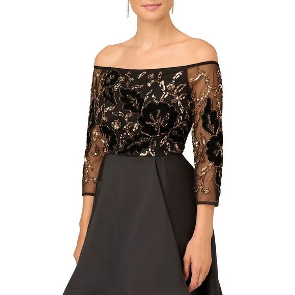 Adrianna Papell Women's Petite Beaded Taffeta-Skirt Gown Maxi Dress Black 6P - Picture 2 of 16